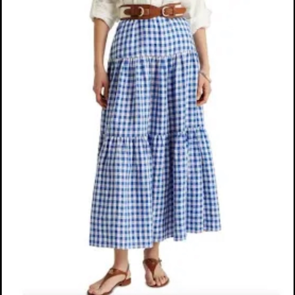 Ralph Lauren Gingham Plaid Tiered Linen Maxi Skirt Womens Blue White Linen - Picture 5 of 8